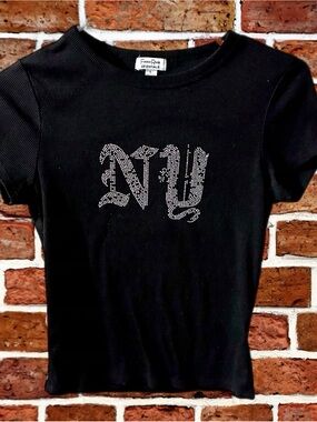 Faded Rose Essentials Black Rhinestone NY Graphic Ribbed Tee